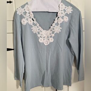Together long sleeve grey-blue crochet lace embossed tee-shirt. Worn once. XL